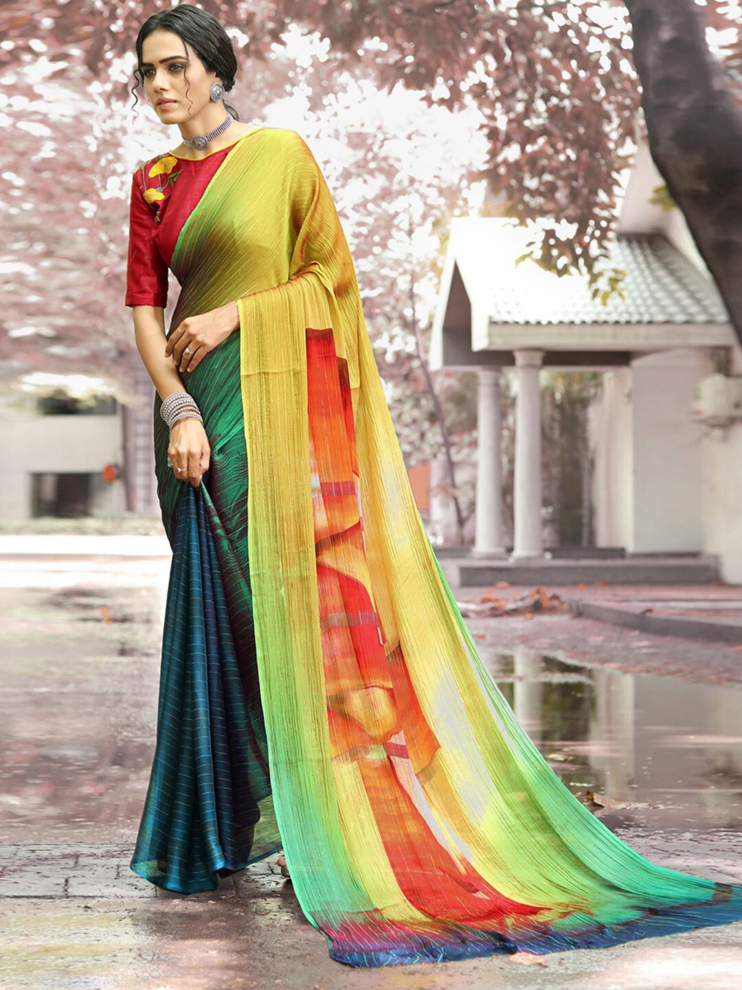 

KALINI Abstract Printed Bagh Saree, Green