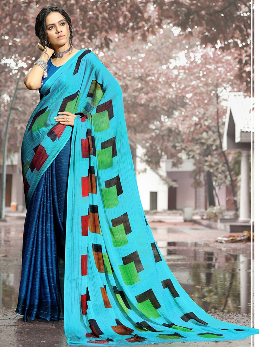 

KALINI Geometric Printed Half and Half Saree, Blue