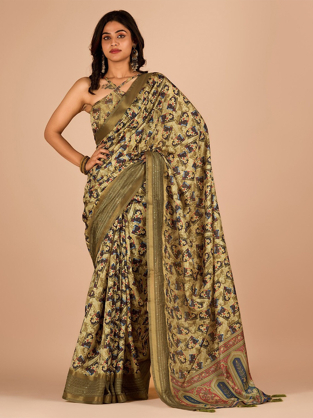 

SANJANA SILK Floral Printed Sequinned Maheshwari Saree, Sea green