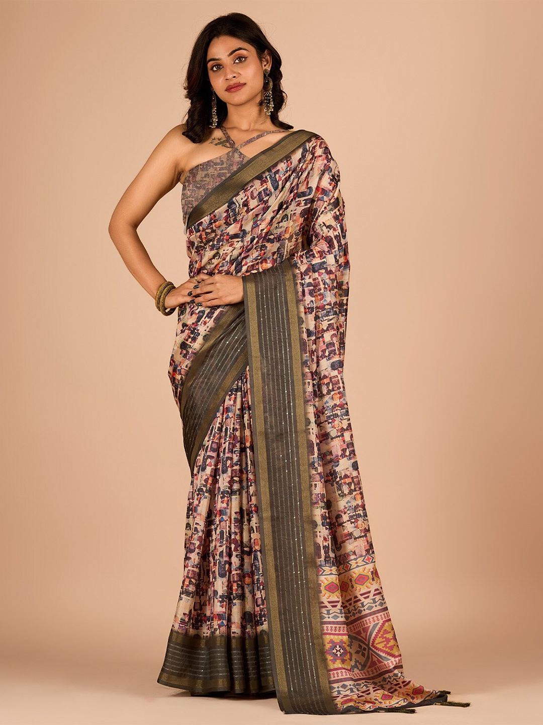 

SANJANA SILK Ethnic Motifs Printed Sequinned Maheshwari Saree, Beige