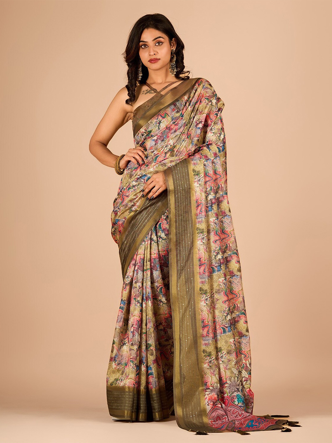 

SANJANA SILK Floral Printed Sequinned Maheshwari Saree, Sea green