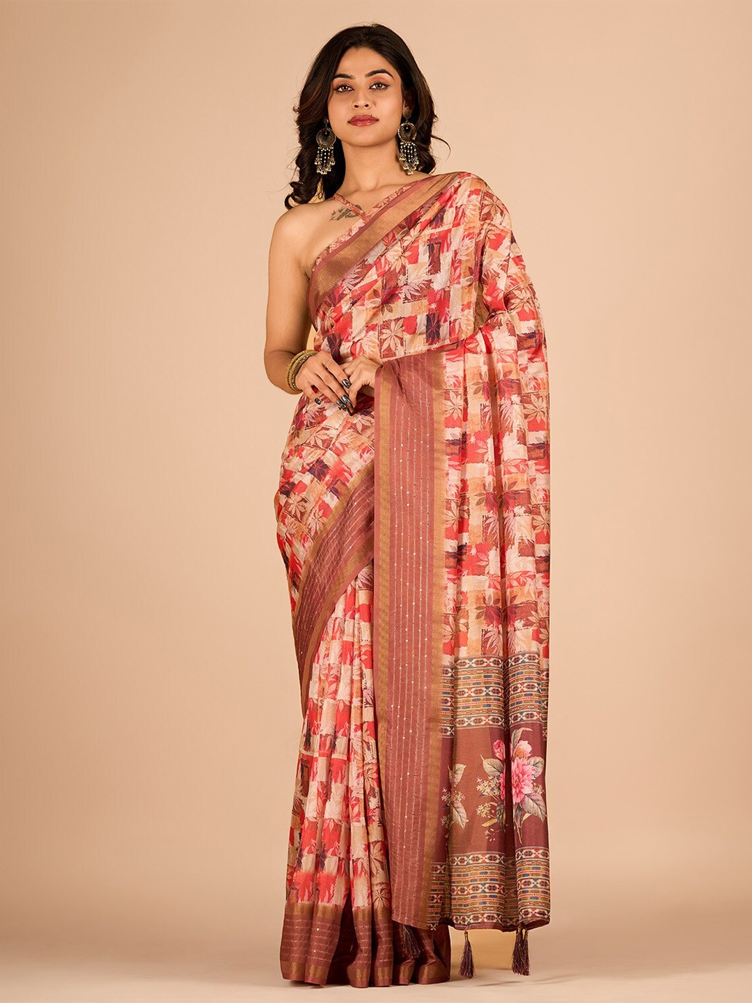 

SANJANA SILK Floral Printed Sequinned Maheshwari Saree, Brown