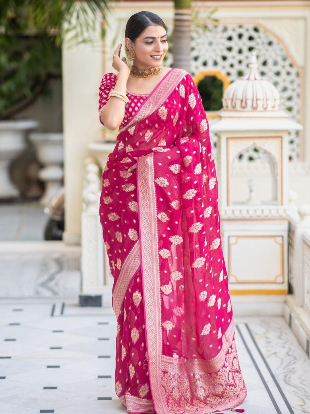 

KALINI Ethnic Motifs Woven Design Zari Kanjeevaram Saree, Pink
