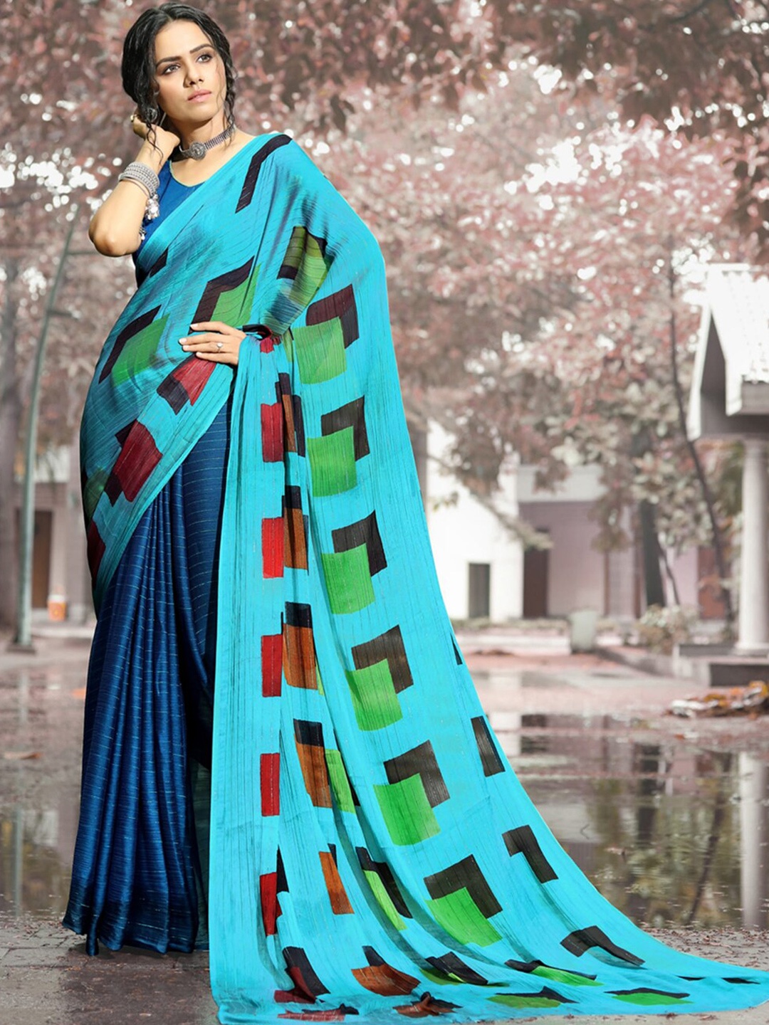 

HRITIKA Poly Georgette Half and Half Saree, Blue