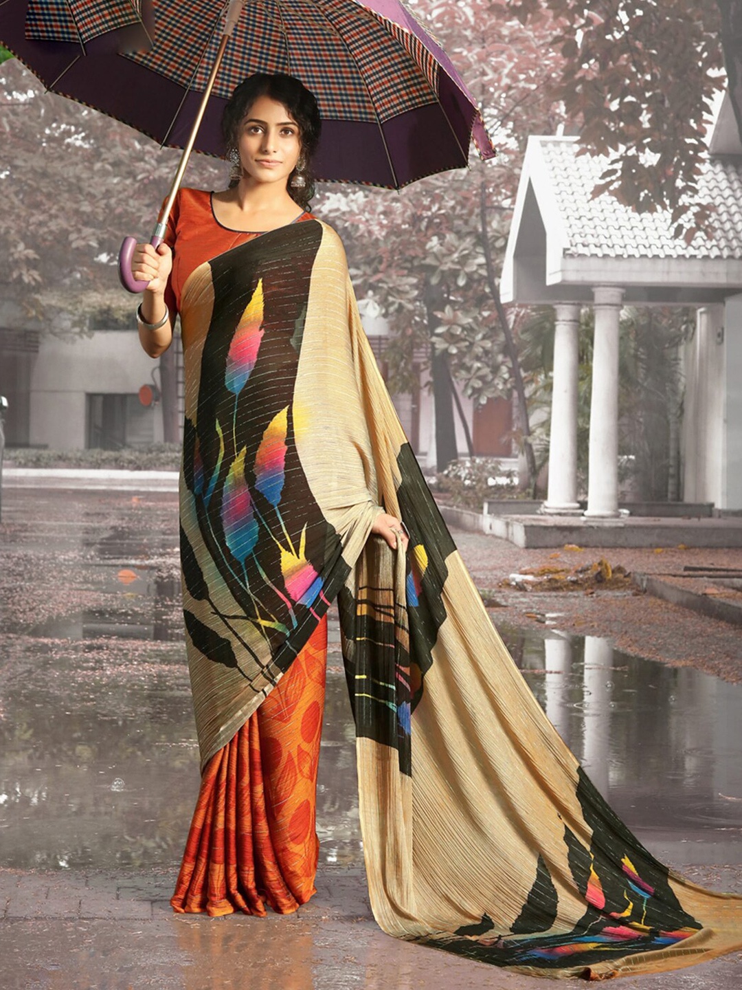 

HRITIKA Poly Georgette Half and Half Bagh Saree, Cream