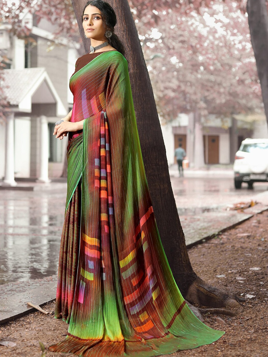 

HRITIKA Poly Georgette Fusion Bagh Saree, Brown