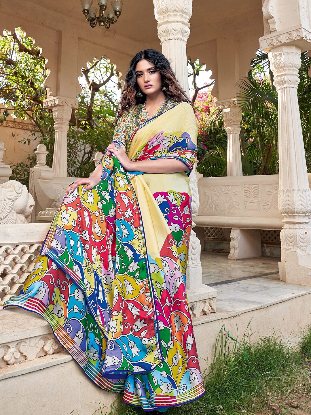 

Shaily Kalamkari Satin Saree, Cream