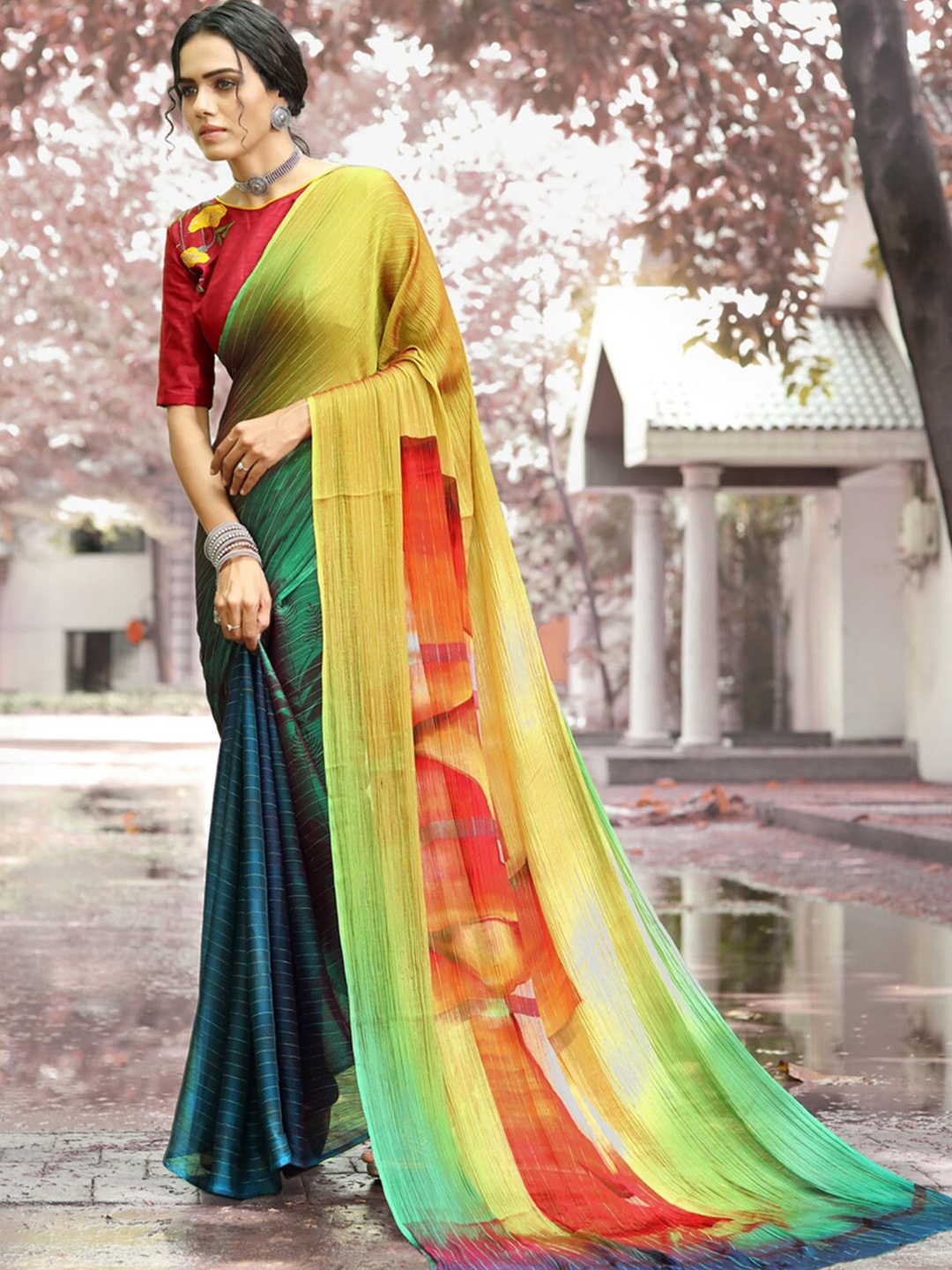 

Mitera Abstract Printed Party Wear Half & Half Saree, Green