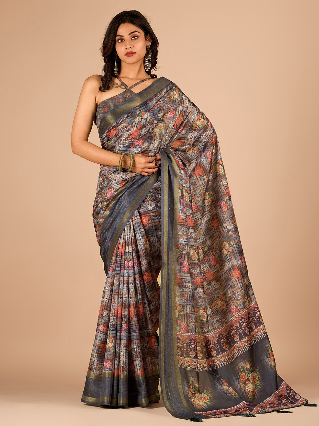 

Sitanjali Ethnic Motifs Printed Maheshwari Zari Saree, Grey