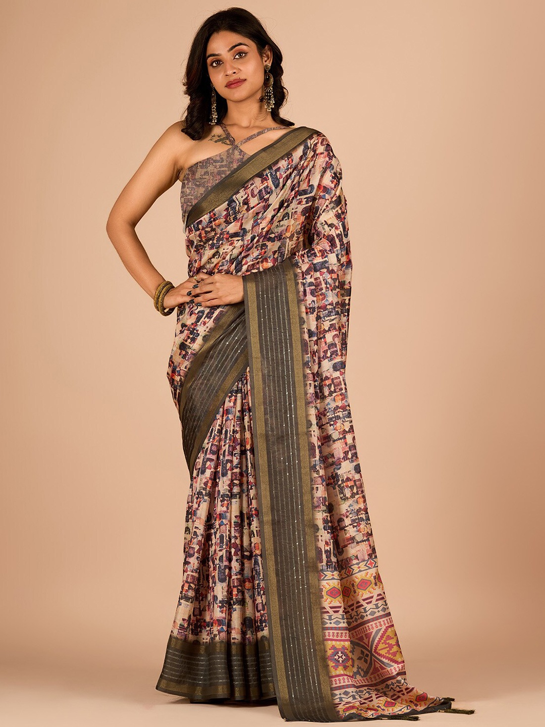 

Sitanjali Abstract Printed Sequinned Maheshwari Zari Saree, Beige