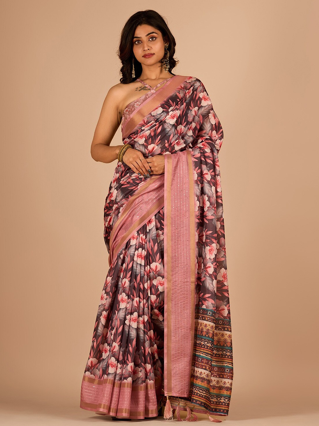 

Sitanjali Floral Printed Maheshwari Zari Saree, Pink