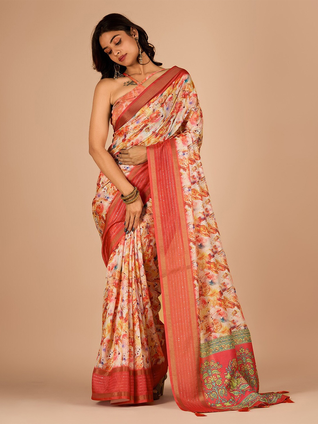 

Sitanjali Abstract Printed Sequinned Work Maheshwari Zari Saree, Orange