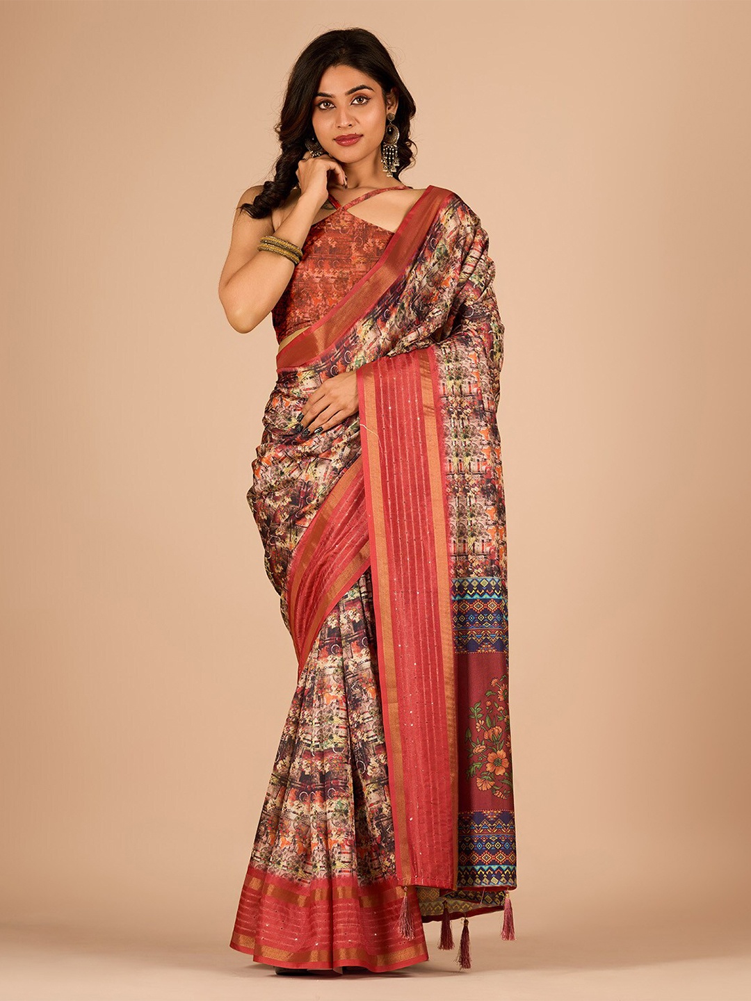 

Sitanjali Abstract Printed Sequinned Maheshwari Zari Saree, Peach