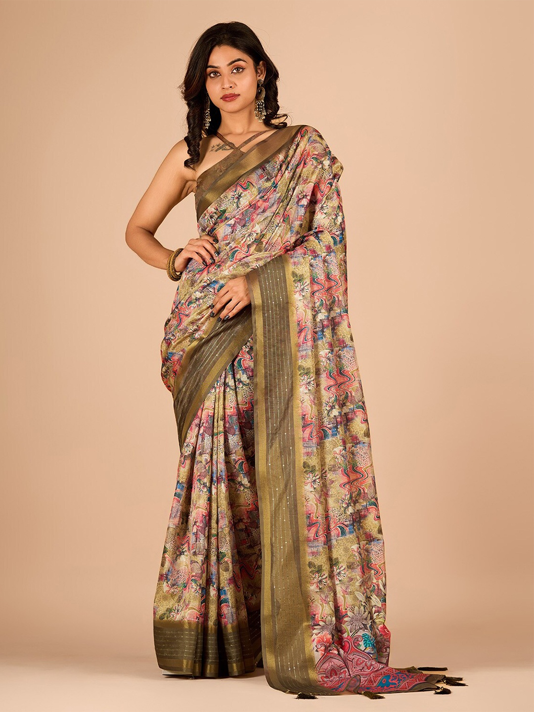 

Sitanjali Floral Printed Sequinned Maheshwari Zari Saree, Sea green