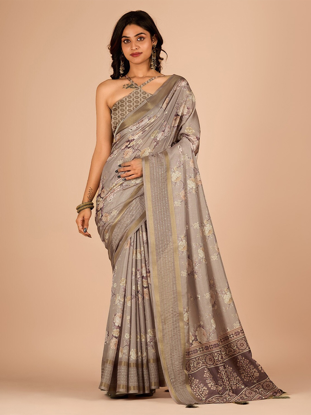 

Sitanjali Floral Printed Sequinned Work Maheshwari Zari Saree, Cream