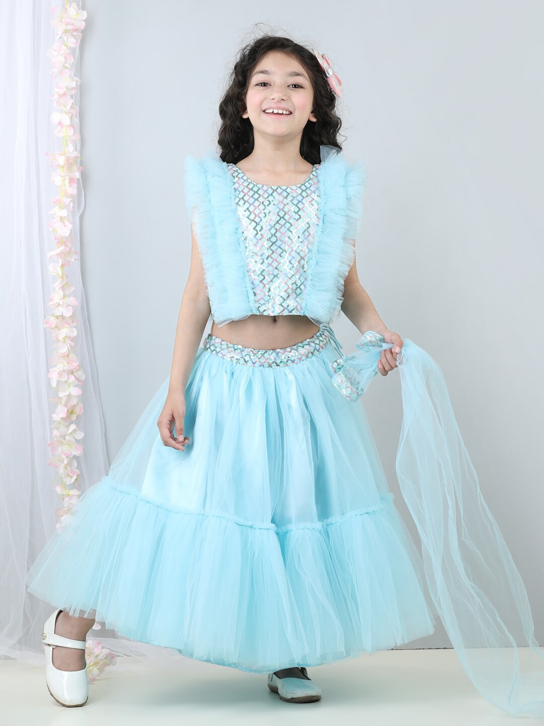 

Stuffie Land Girls Embellished Beads and Stones Ready to Wear Lehenga Set With Dupatta, Blue
