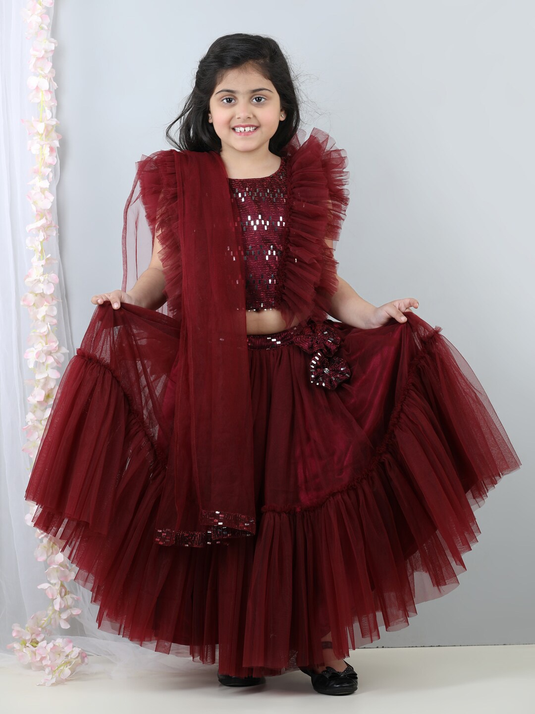 

Stuffie Land Girls Embellished Beads and Stones Ready to Wear Lehenga Set With Dupatta, Burgundy