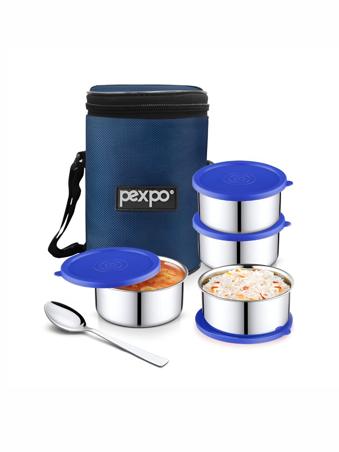 

Pexpo Blue & Silver Toned 6 Pieces Stainless Steel Dishwasher Safe Lunch Box With Bag