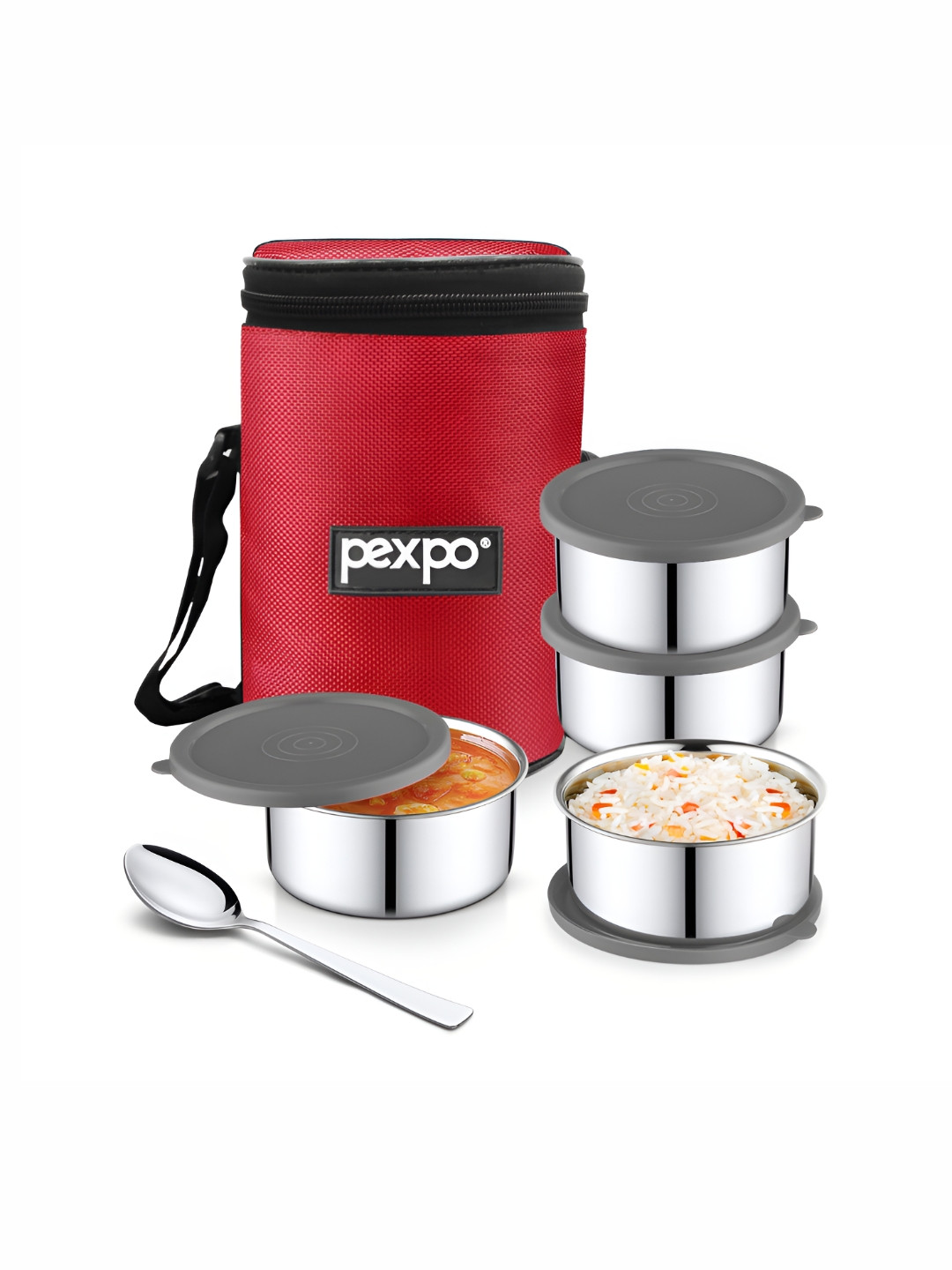 

Pexpo Red & Grey 6 Pieces Stainless Steel Dishwasher Safe Lunch Box With Bag
