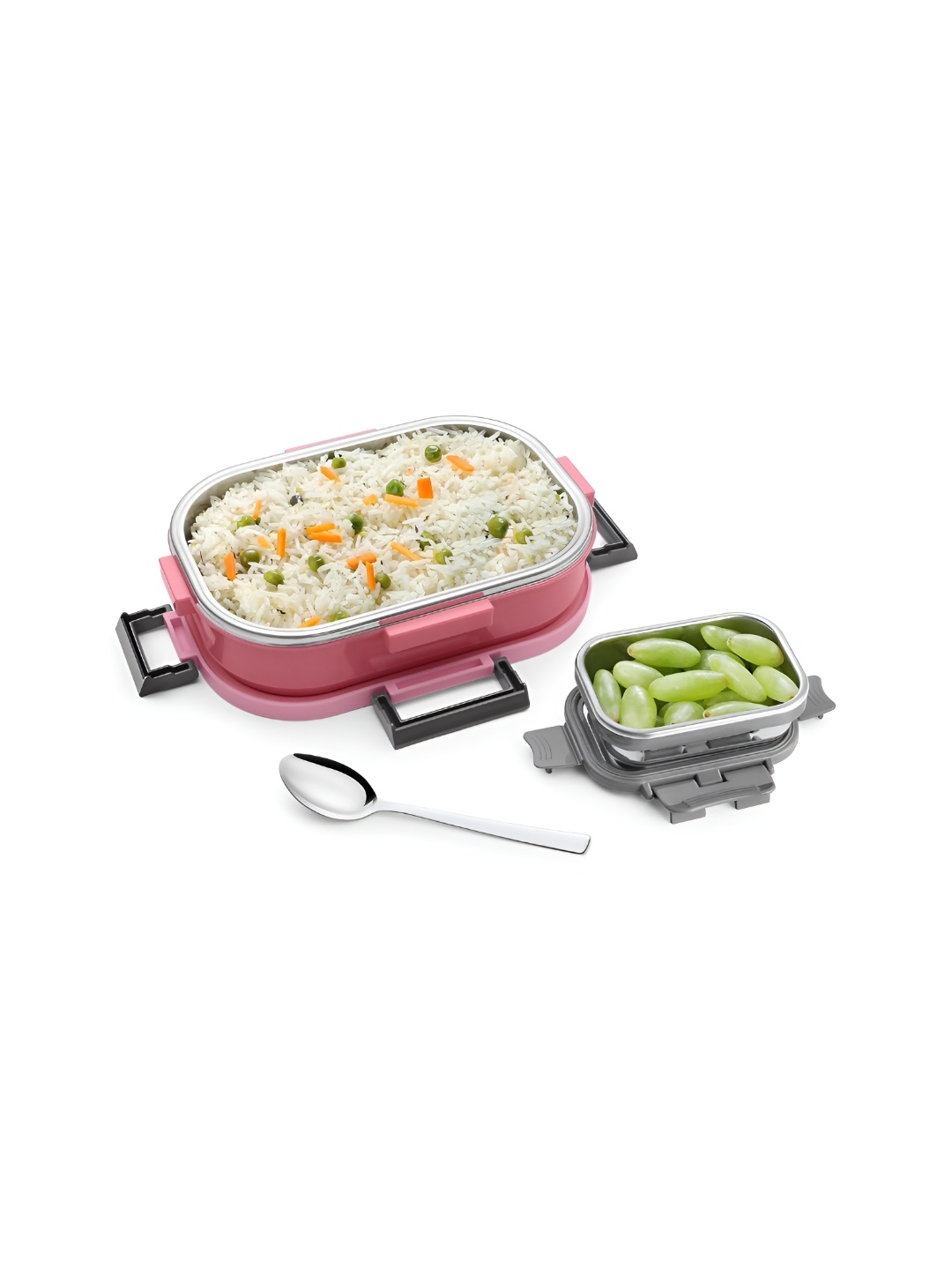 

Pexpo Pink and Grey 3 Pieces Stainless Steel Dishwasher Safe Lunch Box 650 ml