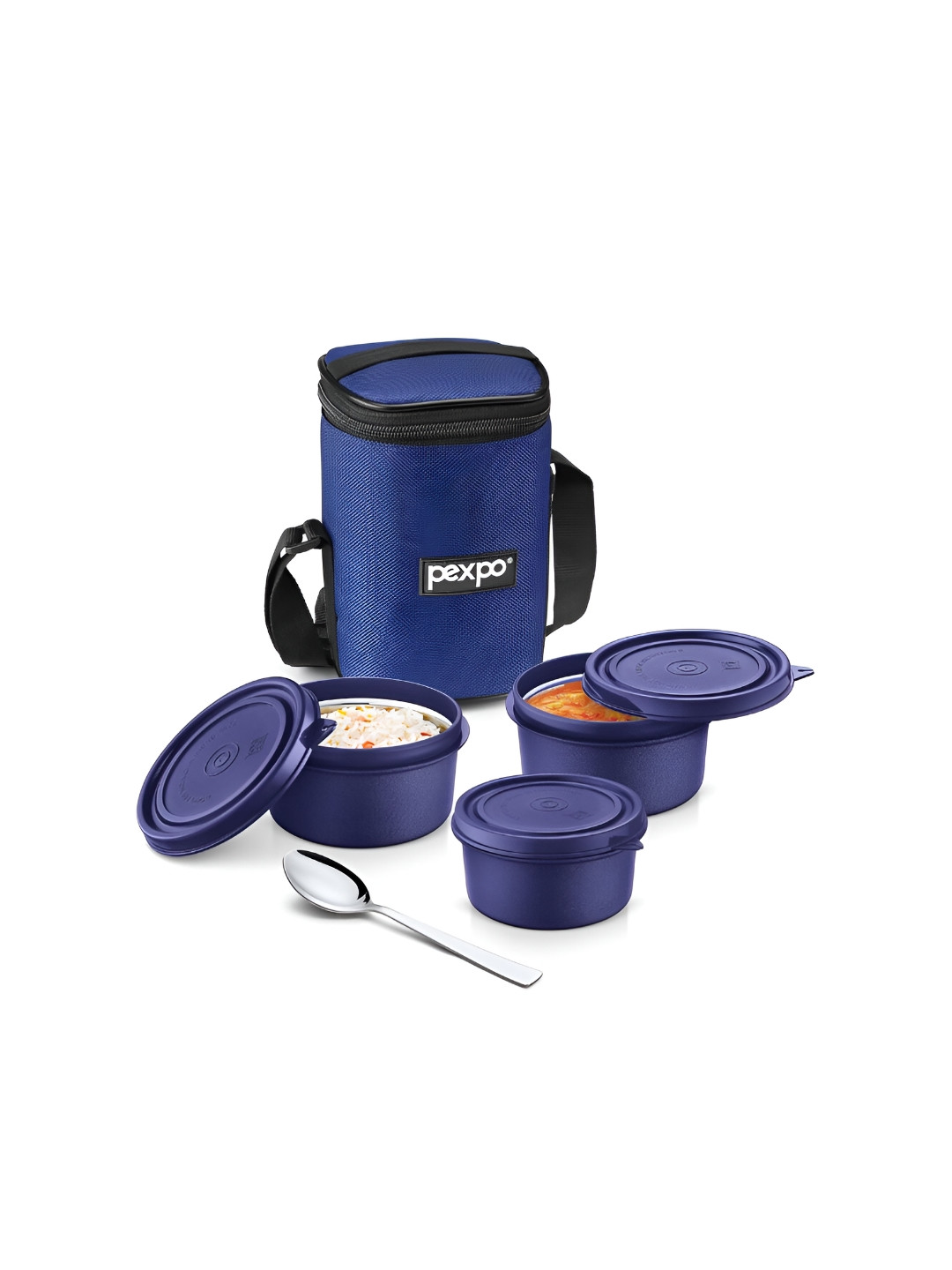 

Pexpo Blue & Black 4 Pieces Stainless Steel Microwave Safe Lunch Boxes With Bag