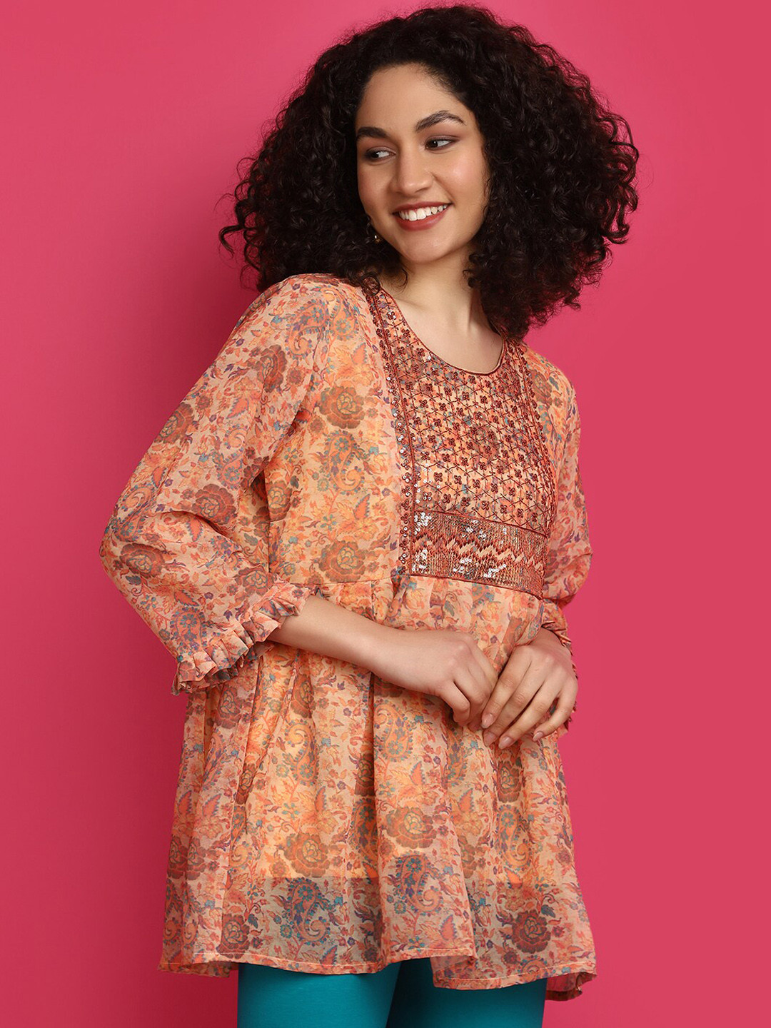 

V-Mart Round Neck Printed Regular Sleeves Kurti, Rust