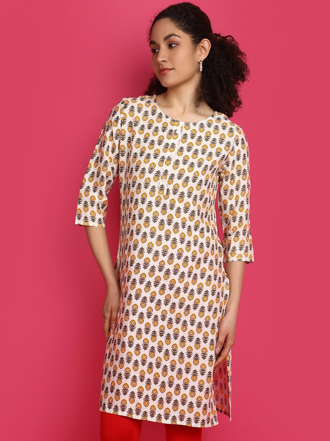 

V-Mart Round Neck Floral Printed Straight Kurta, Off white