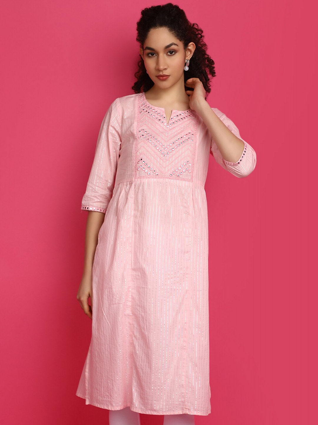 

V-Mart Notch Neck Geometric Embroidered Thread Work Kurta, Pink