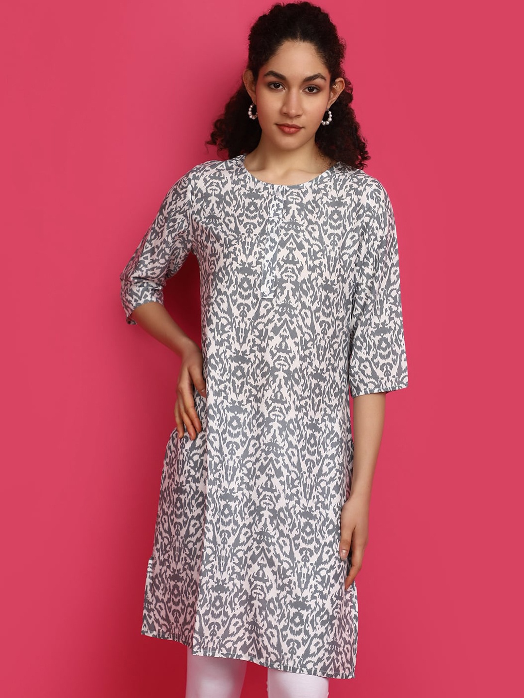 

V-Mart Round Neck Abstract Printed Straight Kurta, Grey