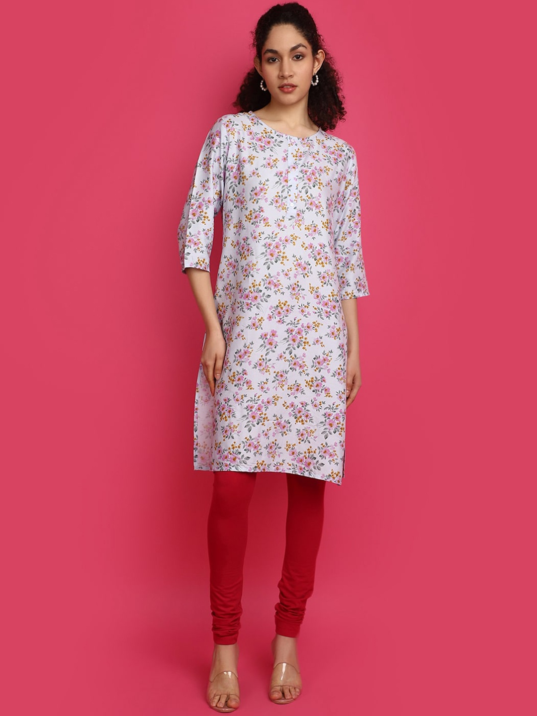V-Mart Round Neck Floral Printed Straight Kurta, Blue