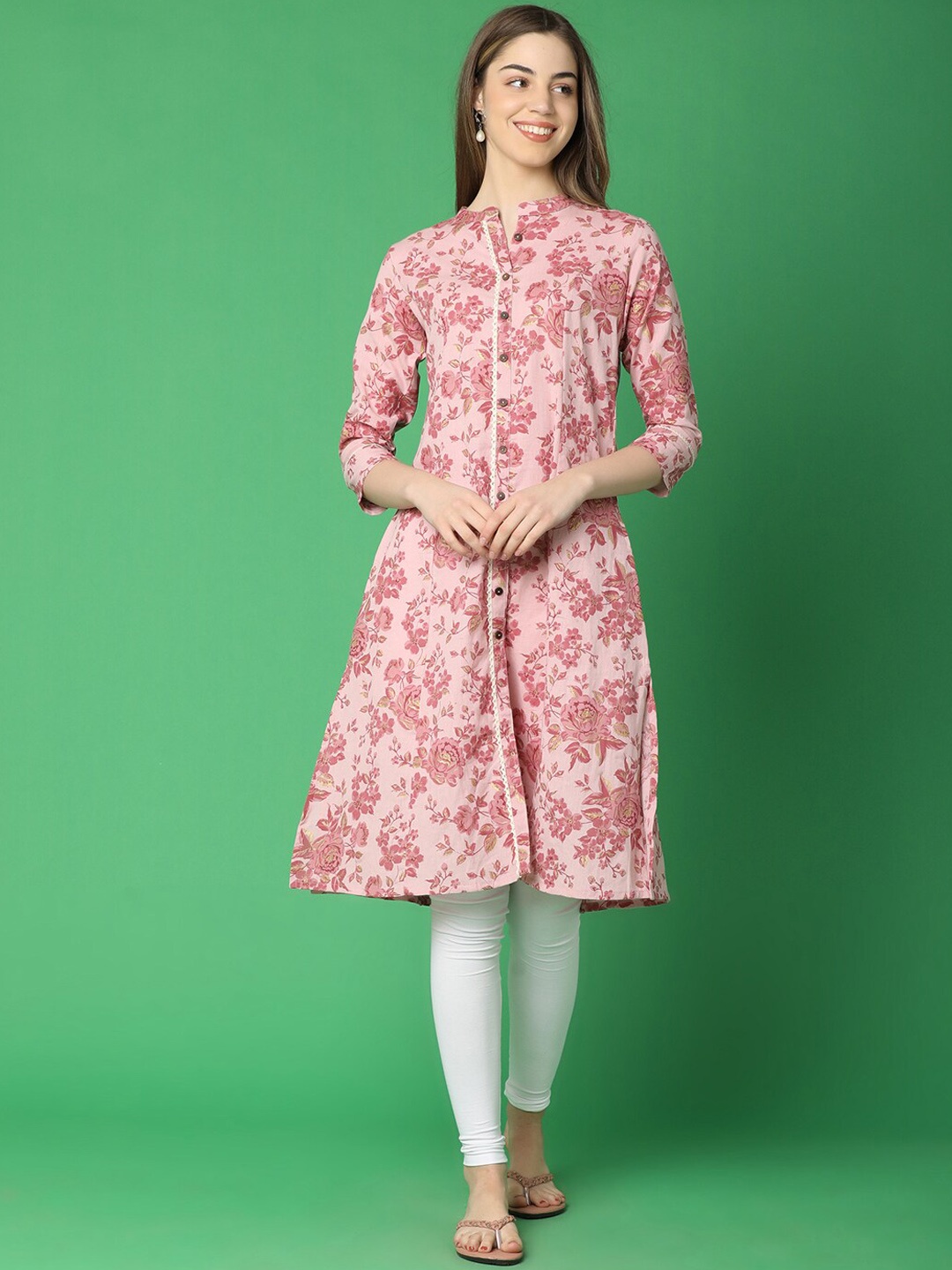 

V-Mart Mandarin Collar Floral Printed Kurta, Pink