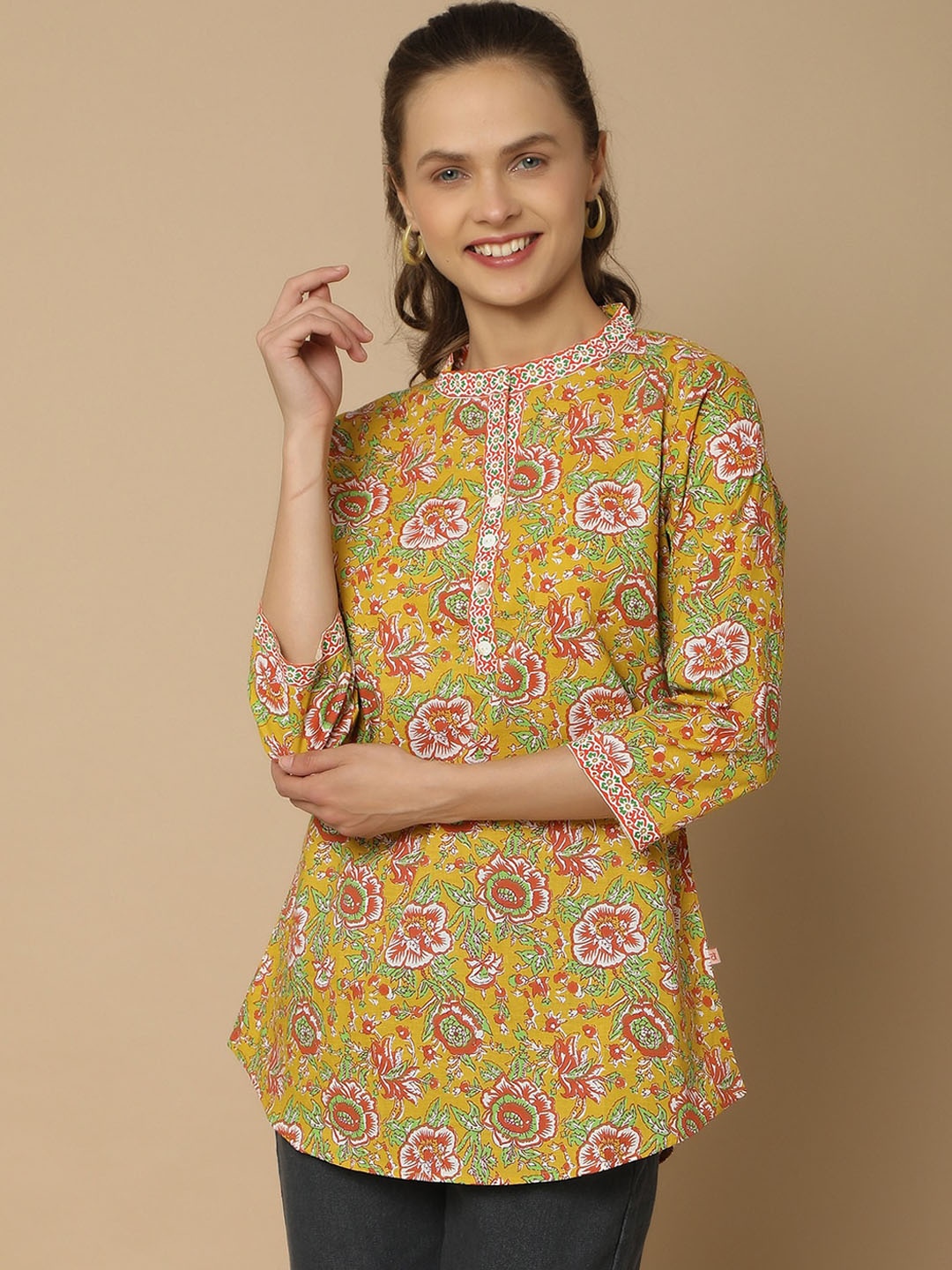 

V-Mart Floral Printed Mandarin Collar Pure Cotton A-Line Kurti, Mustard