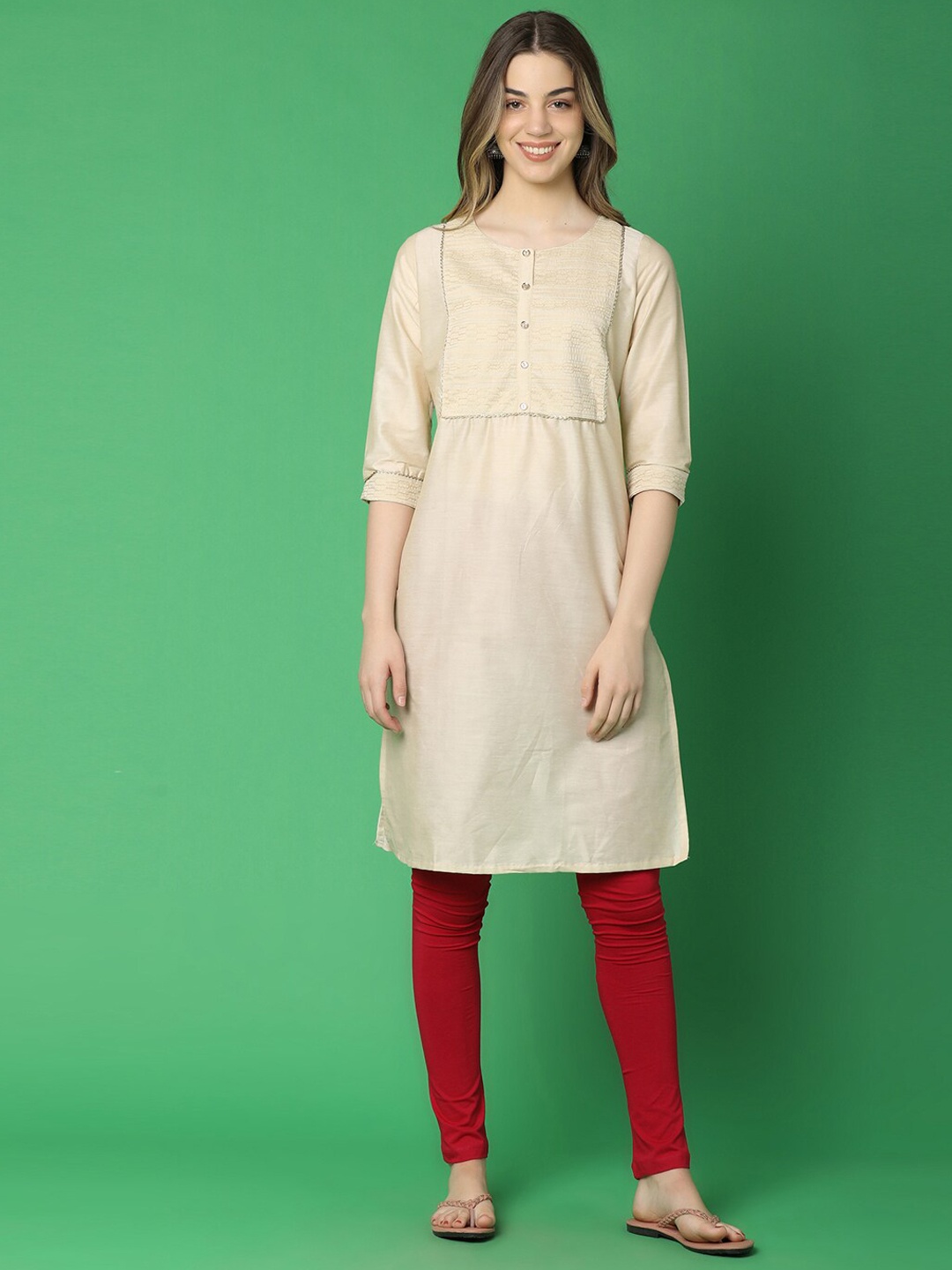 

V-Mart Yoke Design Embroidered Straight Kurta, Beige