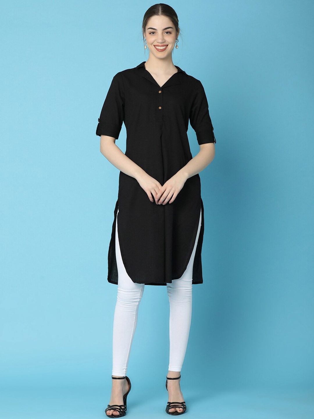 

V-Mart Shirt Collar Straight Kurta, Black