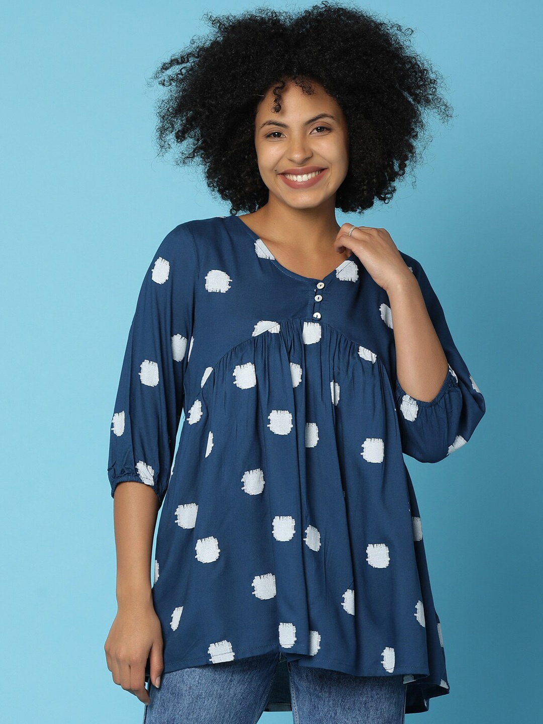 

V-Mart Abstract Printed V Neck Gathered Tunic, Blue