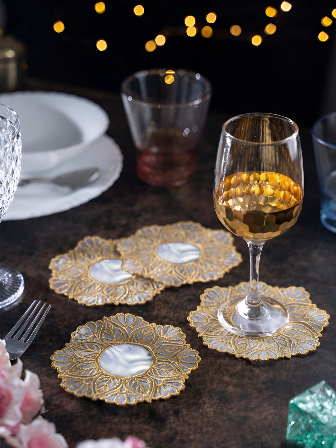 

KOLOROBIA White 4 Pieces French Doily Embroidered Lace Coasters