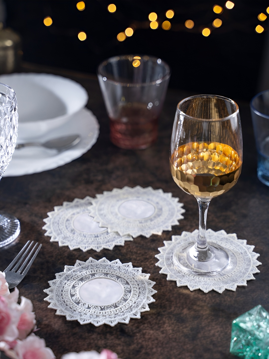 

KOLOROBIA White 4 Pieces French Doily Embroidered Lace Coasters