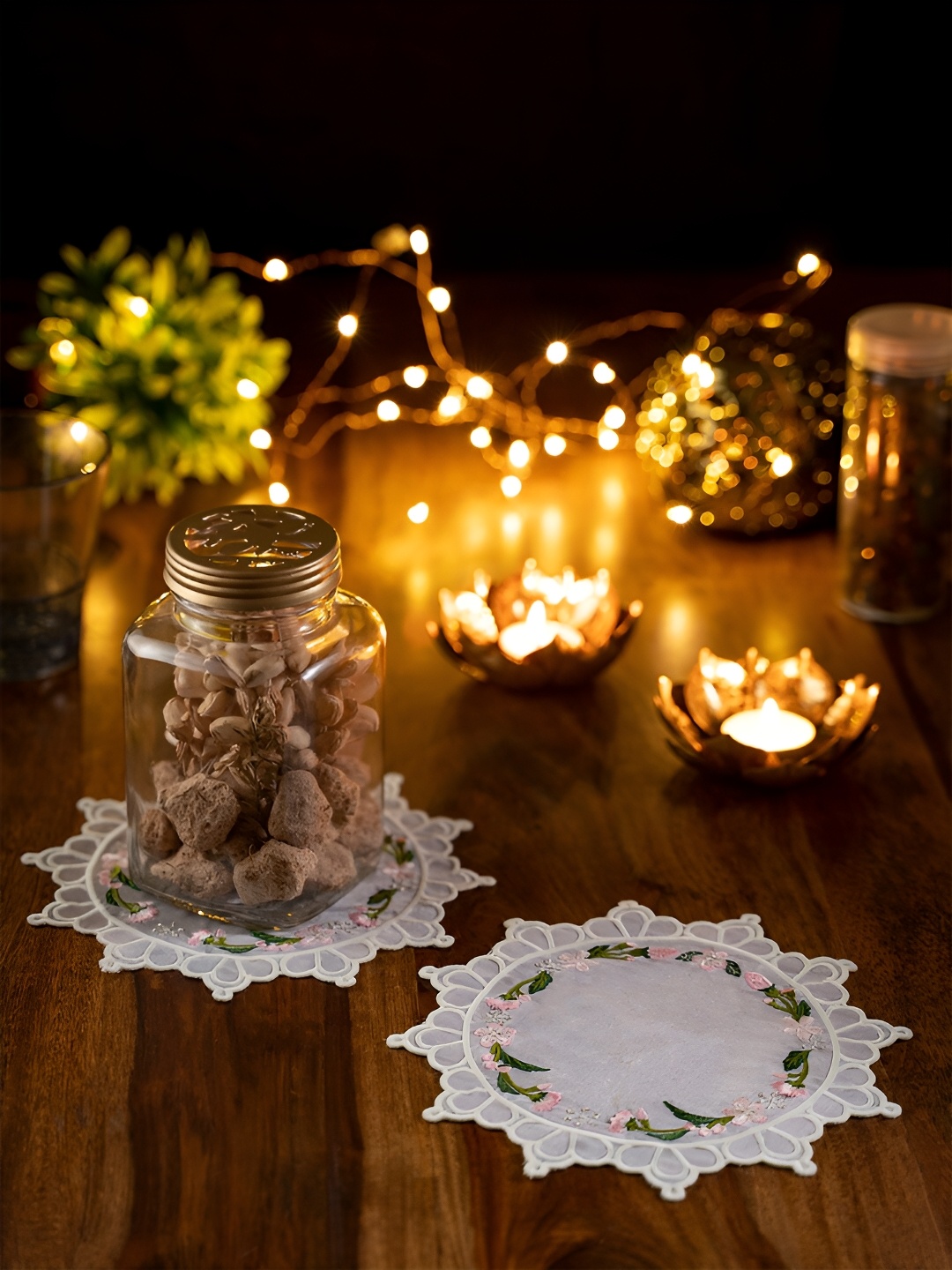 

KOLOROBIA White 2 Pieces French Doily Embroidered Lace Coasters