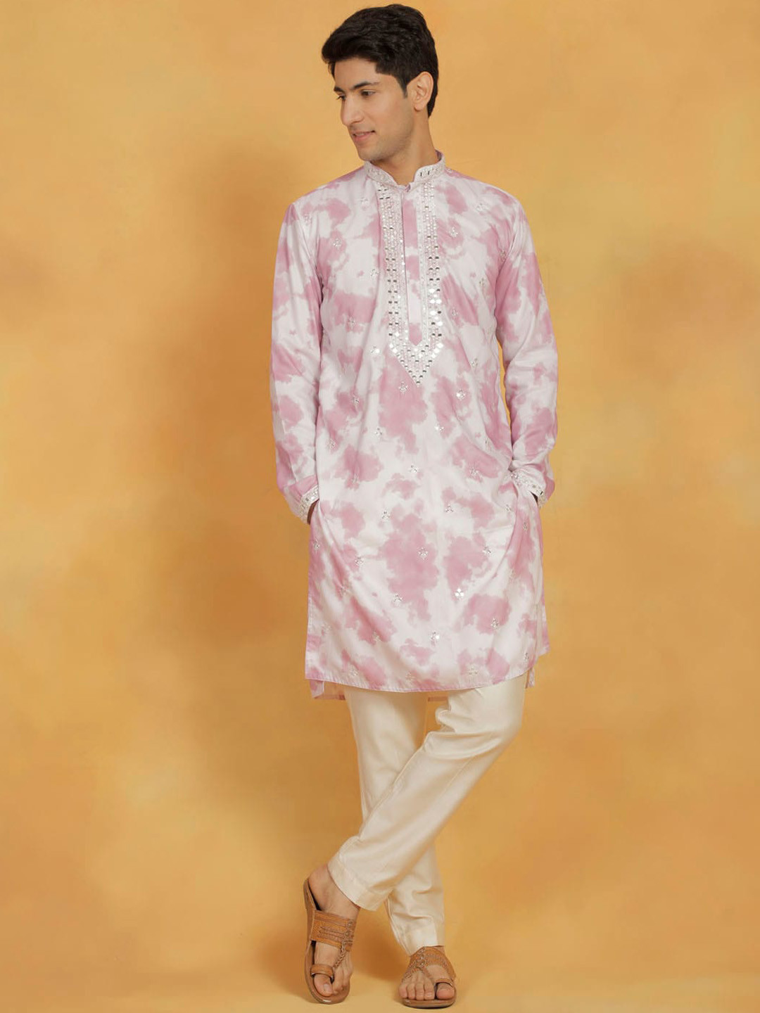 

VASTRAMAY Abstract Printed Mirror Work Straight Kurta With Pyjamas, Pink