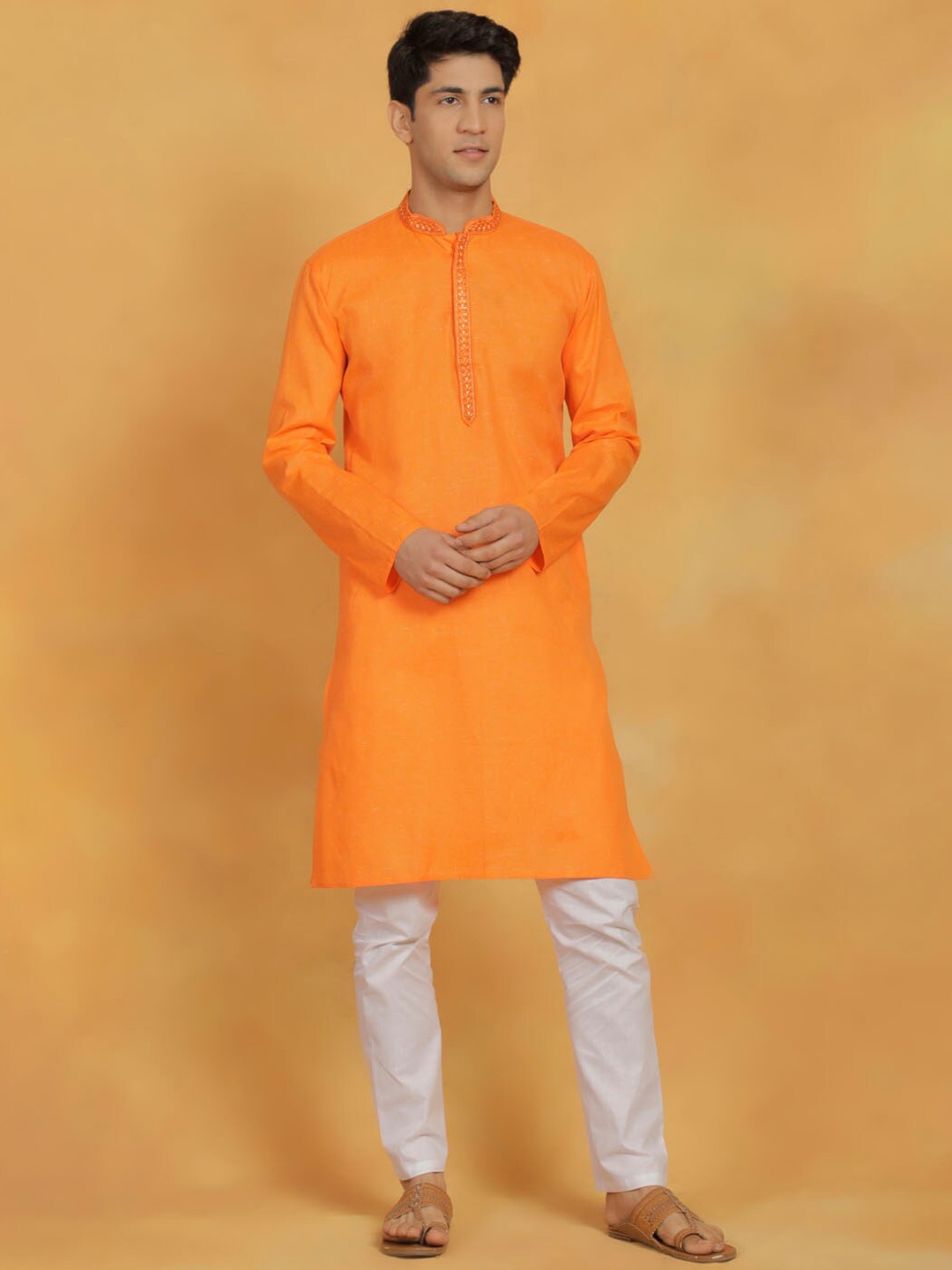 

VASTRAMAY Floral Yoke Design Thread Work Straight Kurta with Pyjama, Orange
