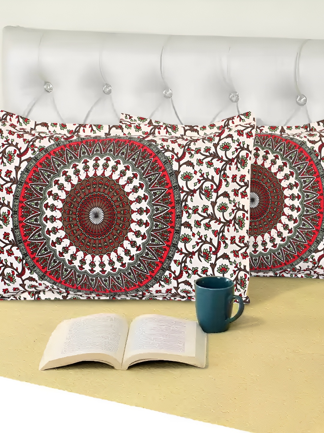 

MIYANBAZAZ Red & White 2 Pieces Self Design Pure Cotton Rectangle Pillow Covers