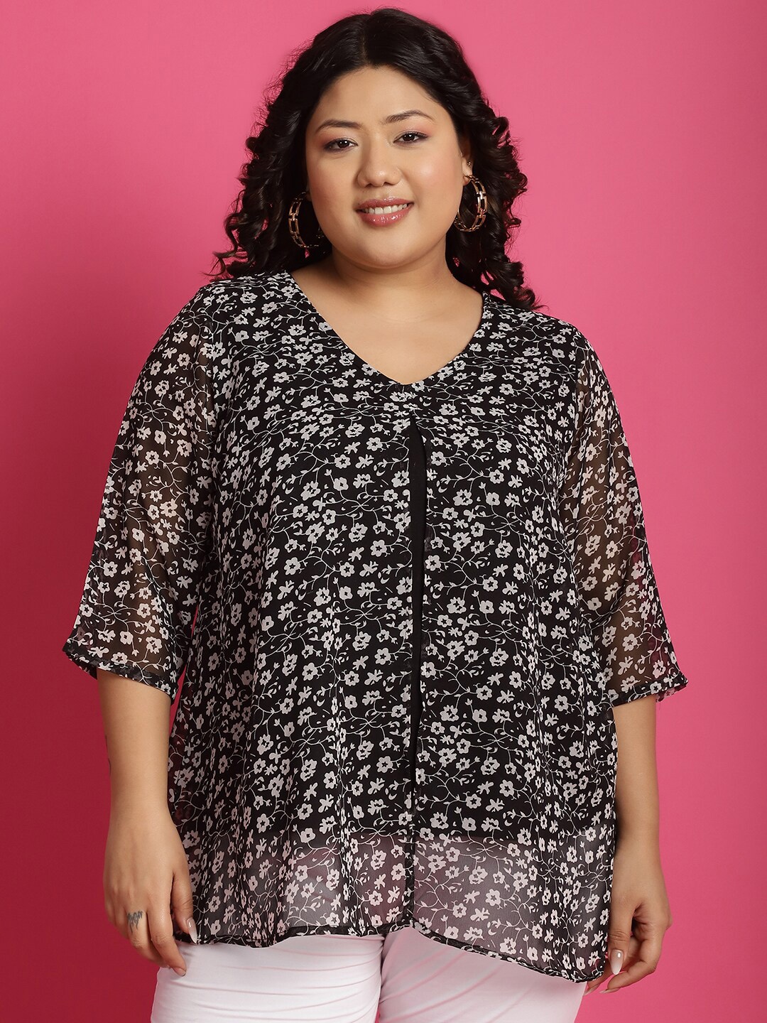 

theRebelinme Plus Size Floral Print Cotton Top, Black