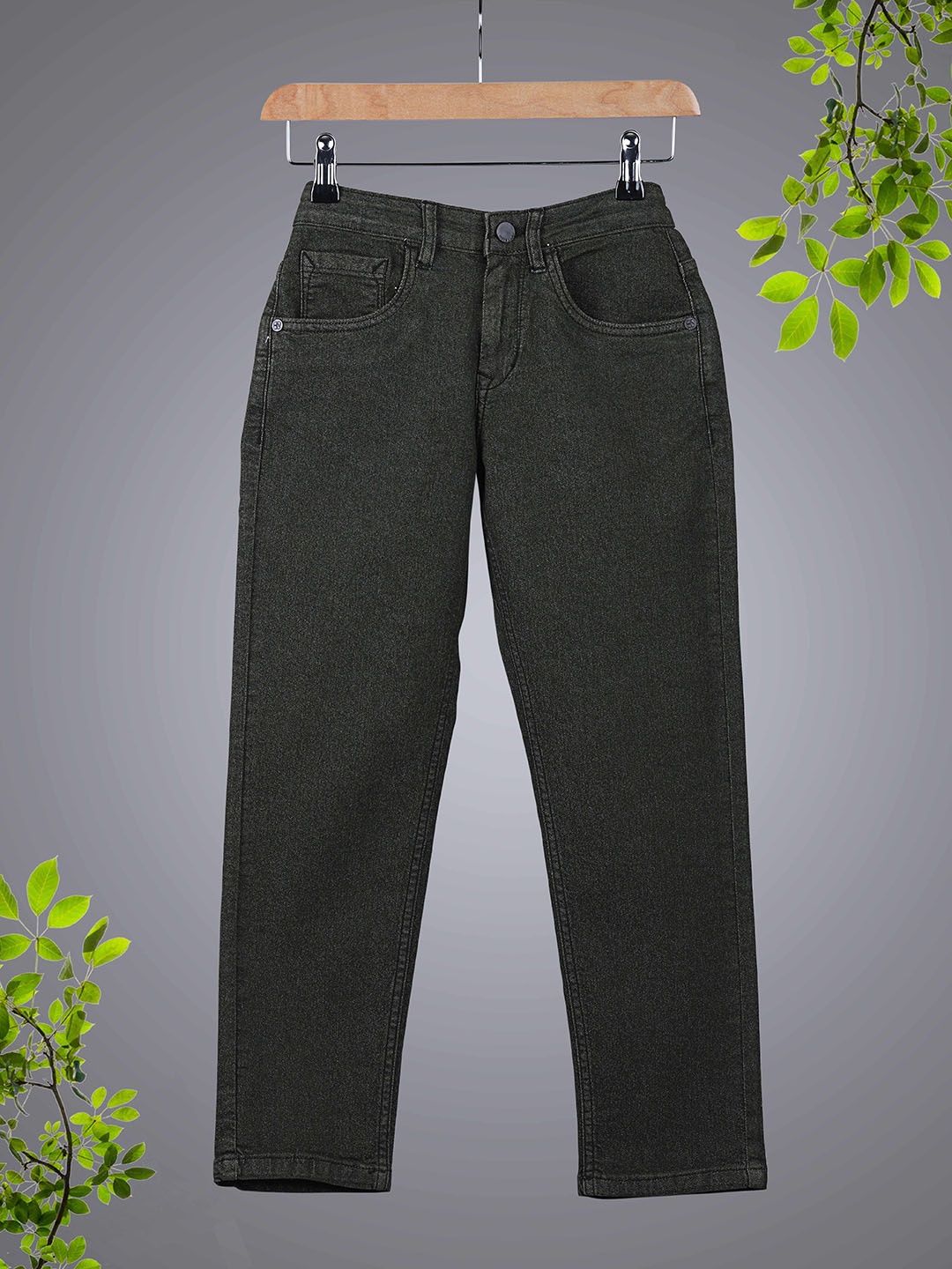 

HERE&NOW Boys Straight Fit Mid Rise Clean Look Stretchable Jeans, Green