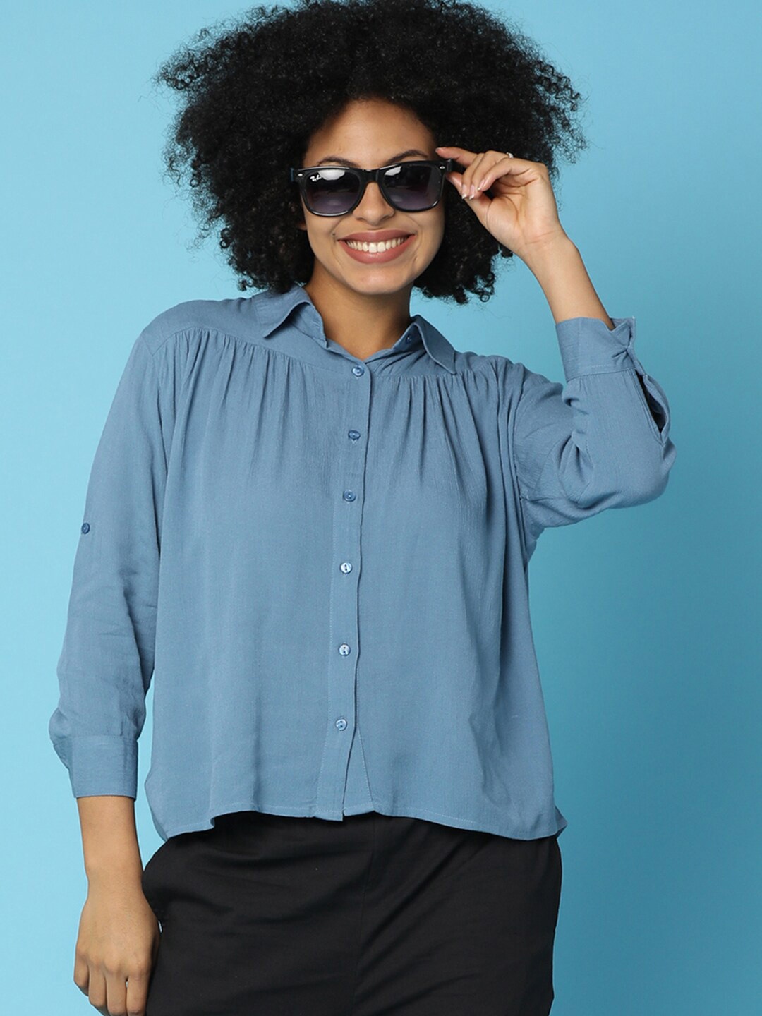 

V-Mart Shirt Collar Cuffed Sleeves Rayon Shirt Style Top, Blue