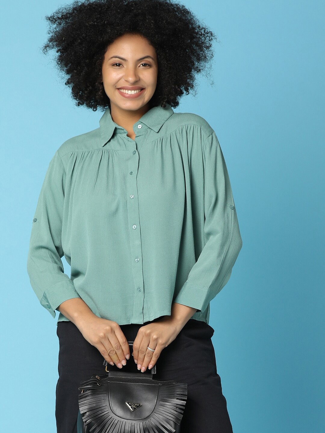 

V-Mart Shirt Collar Long Sleeves Rayon Shirt Style Top, Green