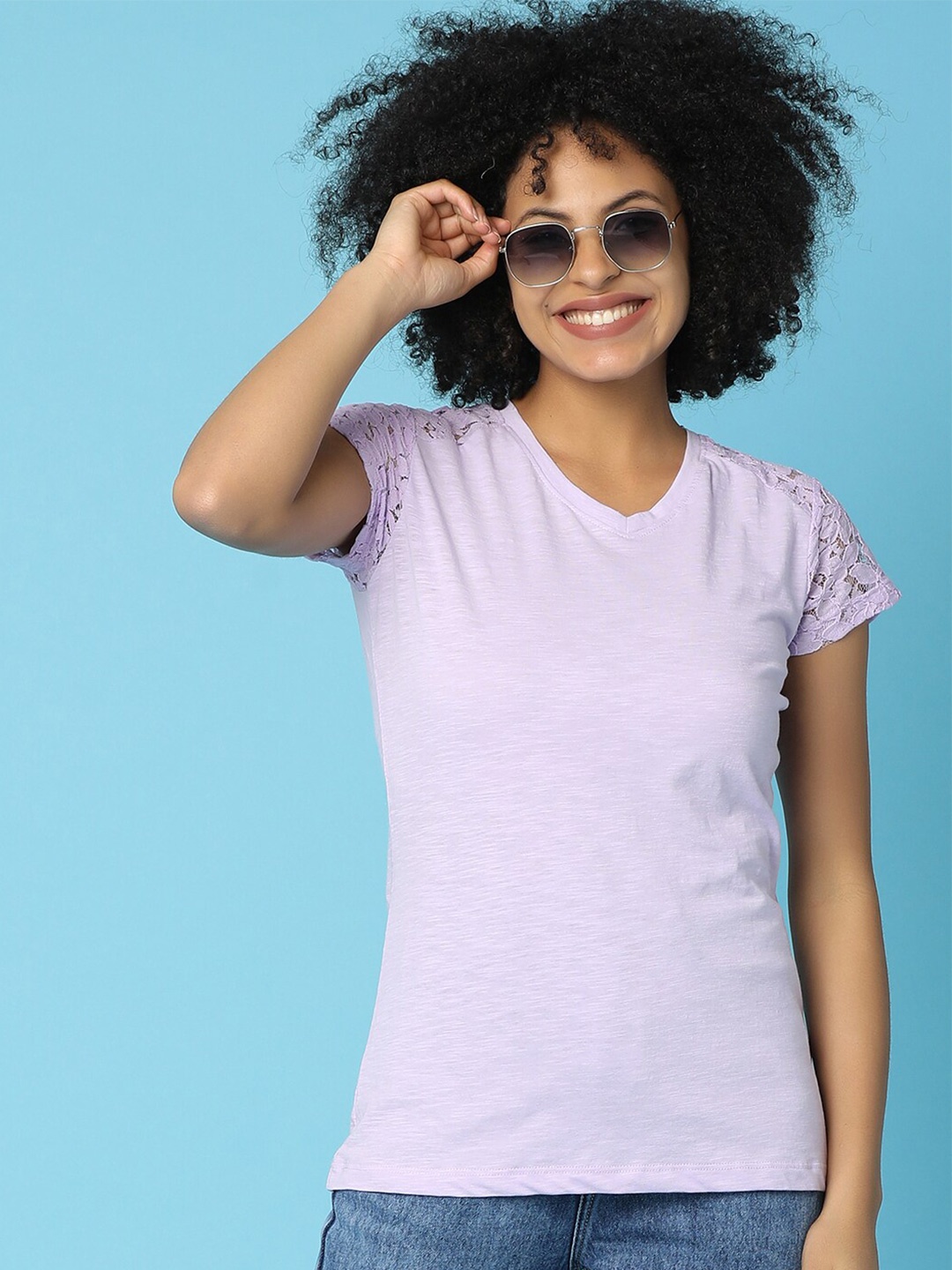 

V-Mart V-Neck Short Sleeves Cotton Top, Lavender