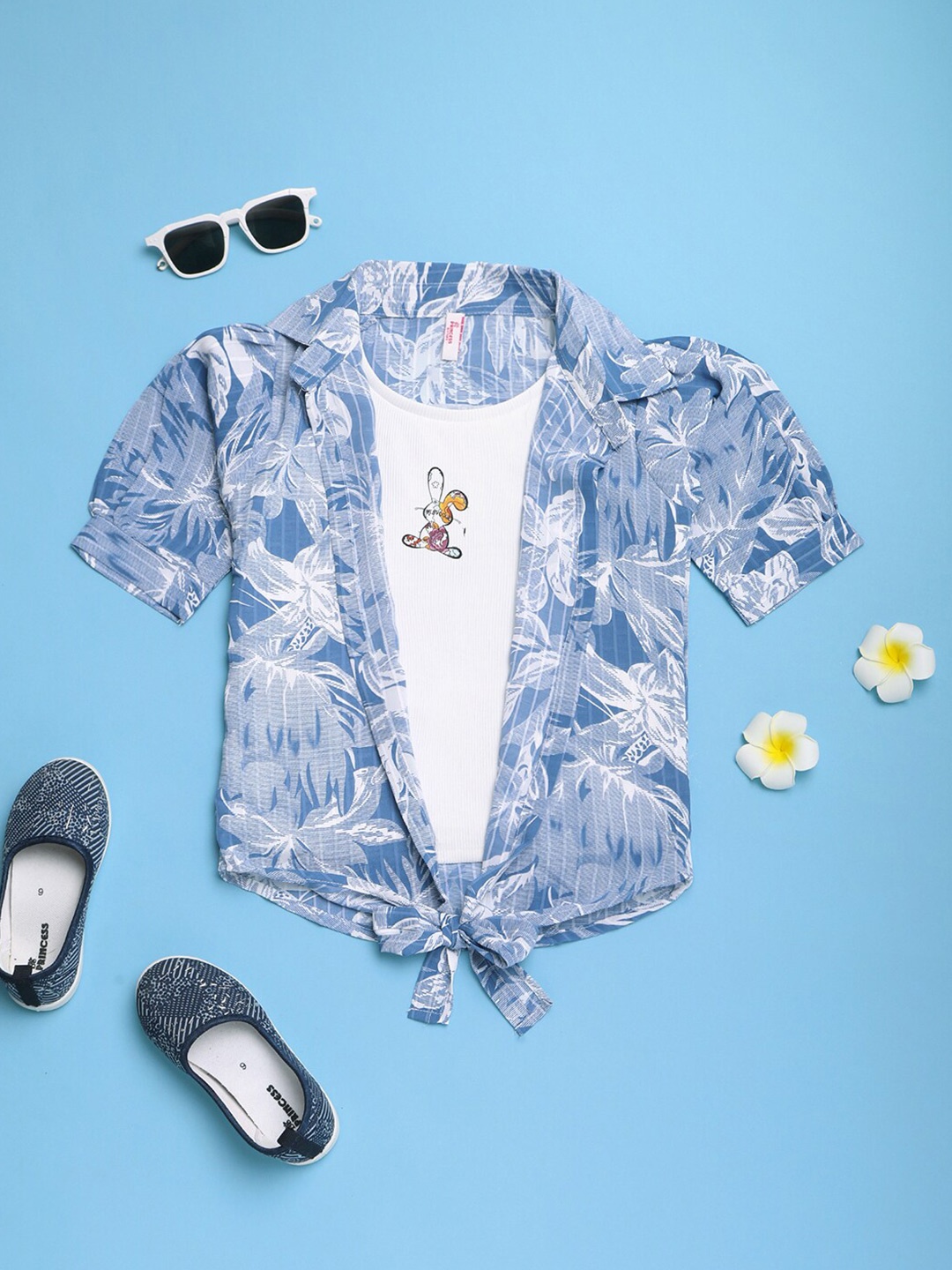 

V-Mart Floral Print Shirt Collar Puff Sleeve Cotton Top, Blue