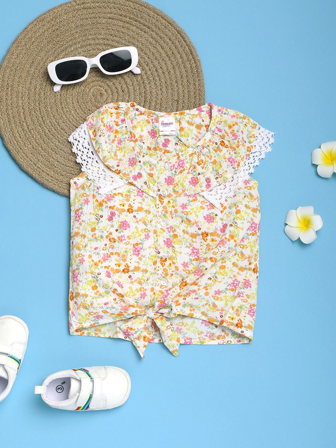 

V-Mart Girls Floral Printed Sleeveless Lace-Up Detail Cotton Shirt Style Top, Off white