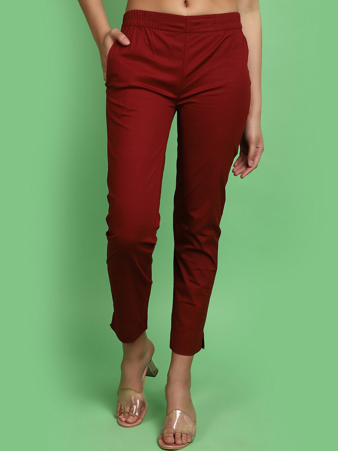 

V-Mart Women Cotton Slim Fit Cigarette Trousers, Maroon