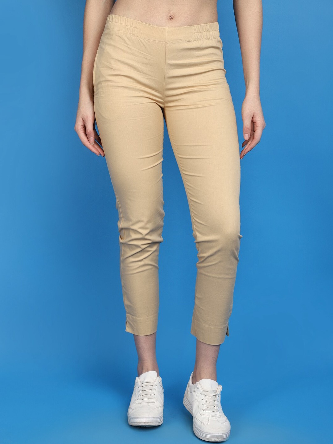 

V-Mart Women Mid-Rise Cotton Slim Fit Cigarette Trousers, Beige